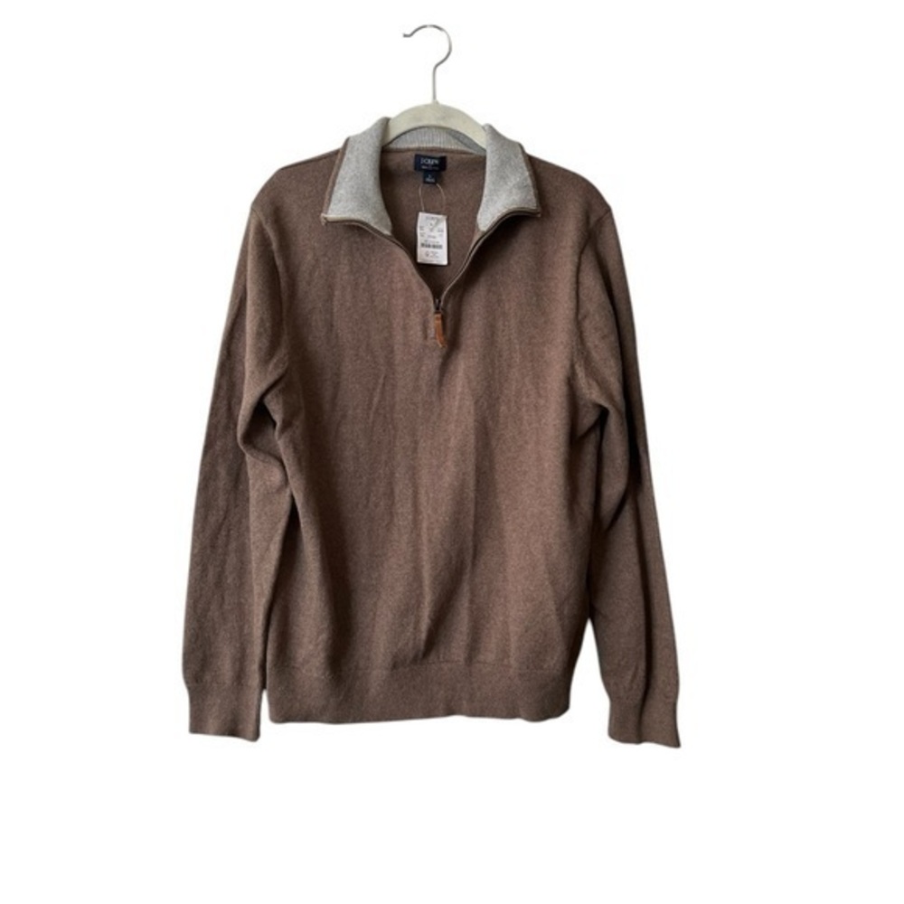 NWT! J.Crew 100% Cotton Half Zip Sweater, Med. Brown w/ Gray Collar BF091